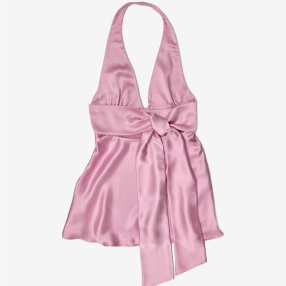 Zara Pink Satin Halter Mini Dress L Bow Waist A-Line Cocktail Party - Picture 7 of 16